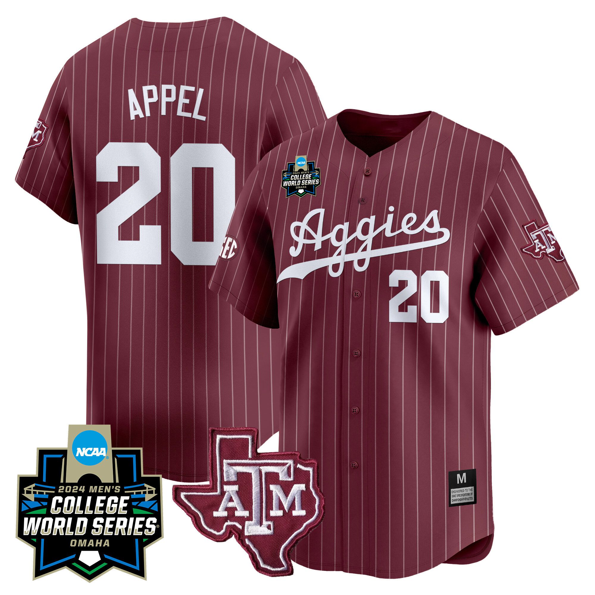 Men Texas A&M Aggies 20 Appel Red Stripe 2024 College World Series Vapor Premier Limited NCAA Jersey